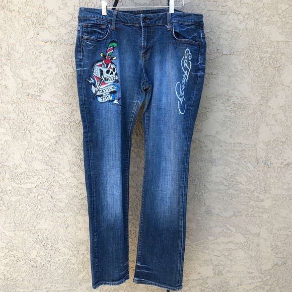 Ed Hardy Denim - Ed Hardy Skull and Cross Tattoo Straight Leg Jeans Sz18